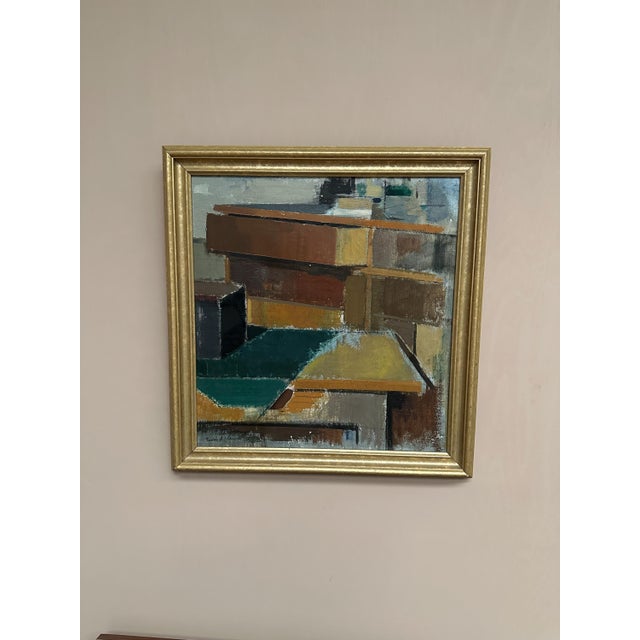 Original Vintage Scandinavian Oil on Canvas – “Cubist Rooftops” by Gustav Adolf Johansson – Signed – Framed – 62 × 65 cm...