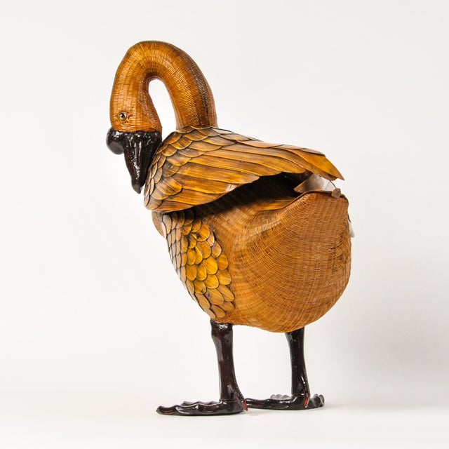 Mid-Century Modern Fine Vintage Woven Wicker Goose Basket With Removable Wooden Wing Topper For Sale - Image 3 of 17