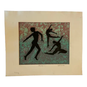 1980’s Original Abstract Expressionist Colored Etching Print “Shadows 1”3 Female Dancing Figures Signed