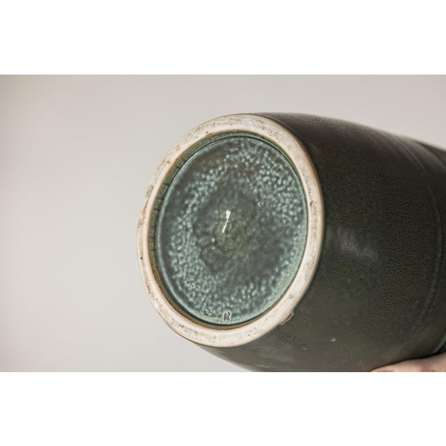 Green Tall Artisan Ceramic Hand-Crafted Vase with Ribbed Body and Green Glaze For Sale - Image 8 of 16