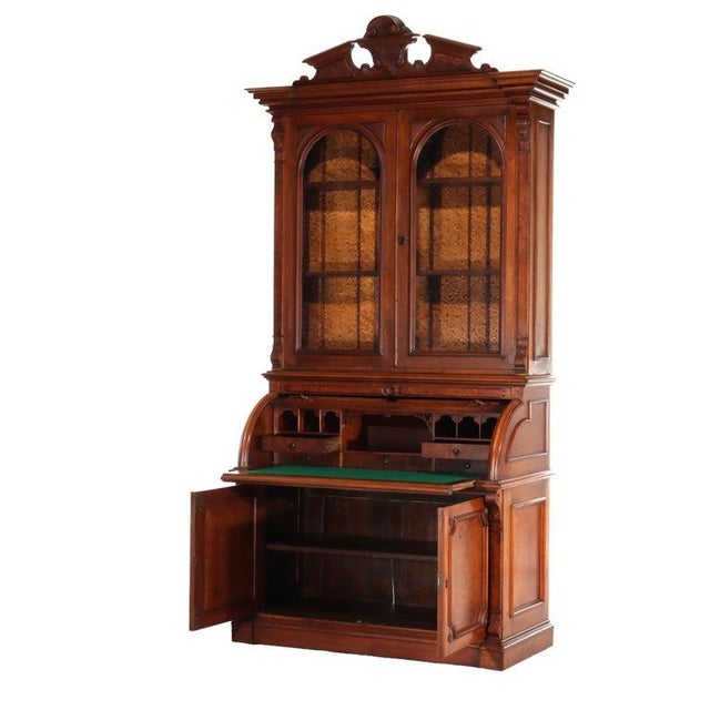 Brown Renaissance Revival Carved Walnut & Burl Barrel Roll Top Secretary C1890 For Sale - Image 8 of 18