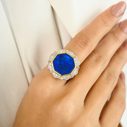 Lapis Lazuli Cocktail Ring With Diamonds Size 6 in 14k Yellow Gold For Sale - Image 4 of 10
