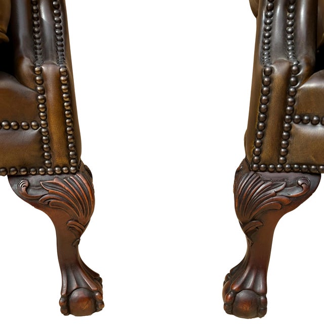 Pair of Leather Wing Back Tufted Chairs on Ball & Claw Feet, English, Ca. 1920. For Sale - Image 6 of 7