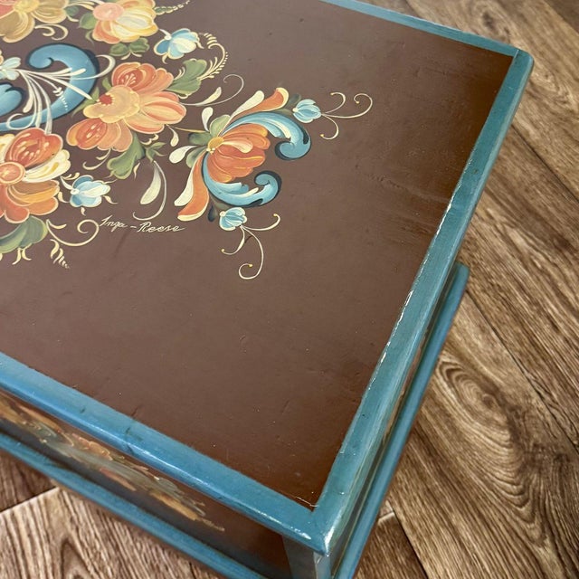 Brown Hand-Painted Scandinavian Folk Art Chest - Signed For Sale - Image 8 of 12