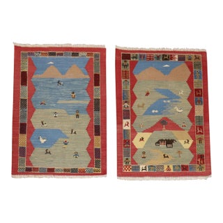Vintage Zabihi Collection Folksy Pictorial Persian Souf Gabbeh Carpets - A Pair - 2'9" x 3'10" For Sale