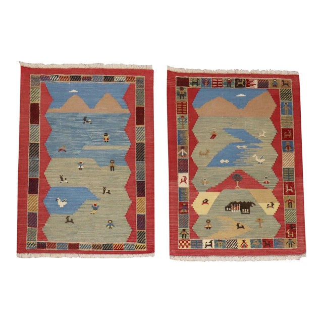 Vintage Zabihi Collection Folksy Pictorial Persian Souf Gabbeh Carpets - A Pair - 2'9" x 3'10" For Sale
