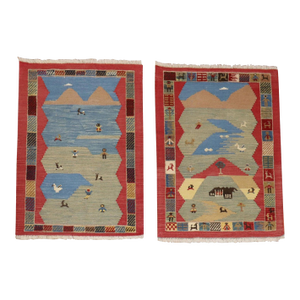 Zabihi Collection Folksy Pictorial Persian Souf Gabbeh Carpets - A Pair