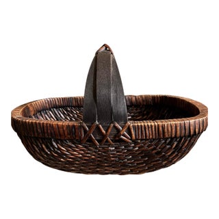 Vintage MCM Japanese Willow Weave Bamboo Handwoven Basket Triple Arch Handle Japandi / Mingei For Sale