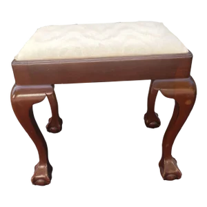 1940s Chippendale Style Mahogany and Upholstered Stool With Ball Claw Feet