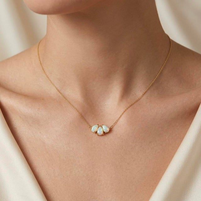 Contemporary Natural Opal Pear Cut Necklace | 18k Gold Plated Dainty Gemstone Necklace | October Birthstone Gift for Her For Sale - Image 3 of 3