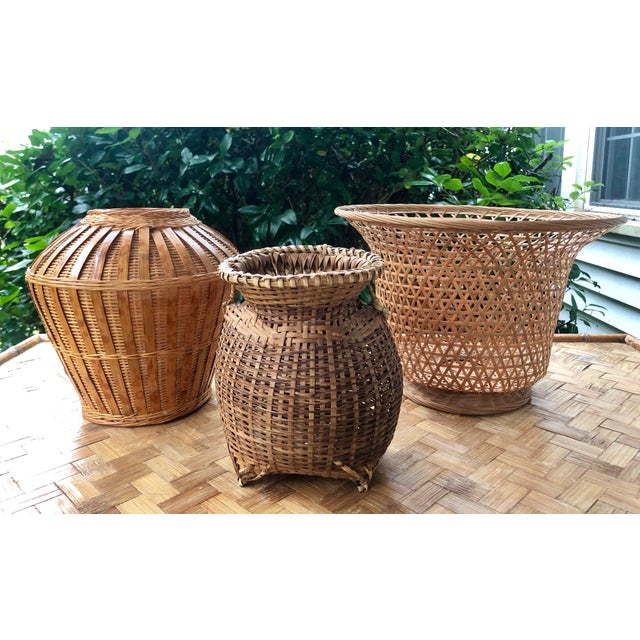 Antique Asian Natural Woven Wicker Rattan Footed Basket Urn Chairish