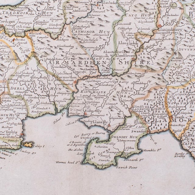 Cream Antique South Wales Map, English, Framed, Robert Morden Cartography, Circa 1720 For Sale - Image 8 of 12