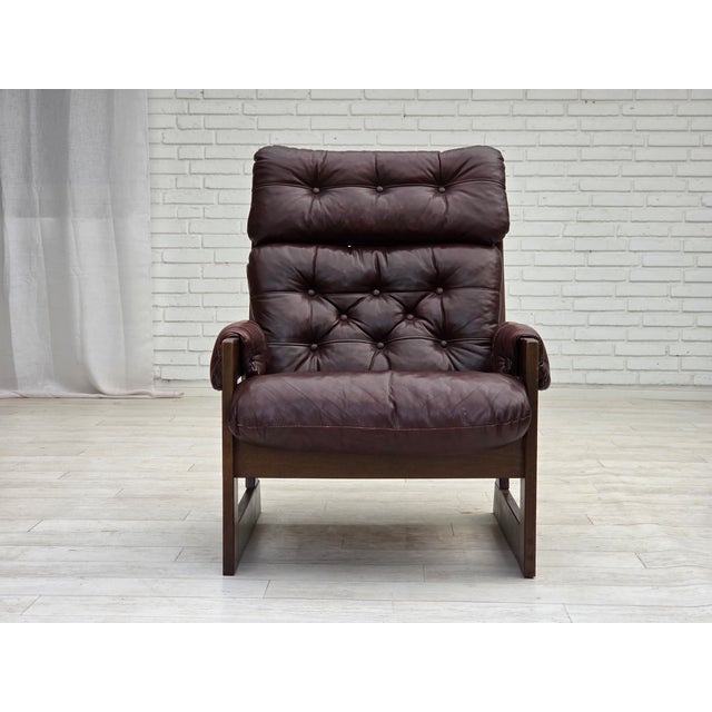 Vintage Scandinavian Highback Chair in Leather and Dark Beech, 1970s For Sale - Image 14 of 18