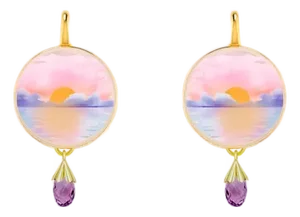 Painted Ocean Sunset Mother of Pearl Drop Earrings With Amethyst Briolettes, A Pair