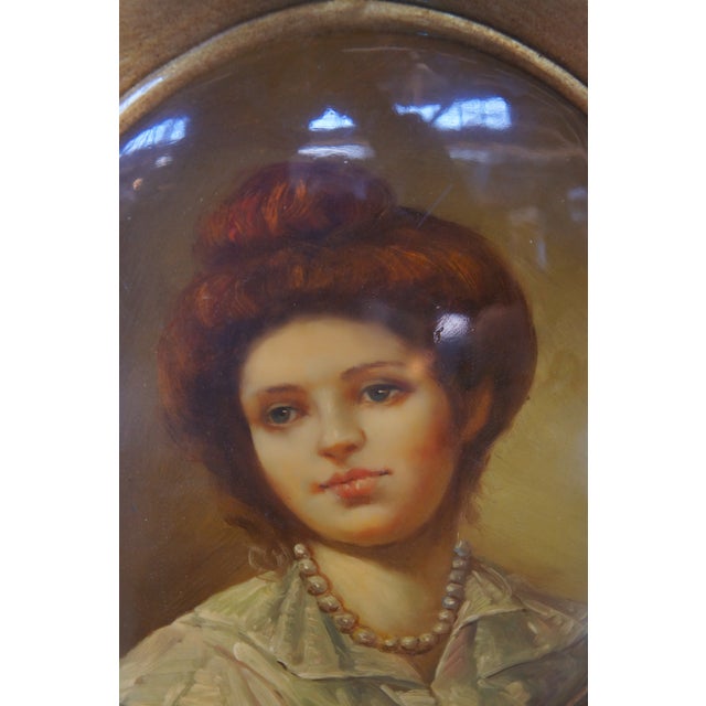 Mid 20th Century Mid 20th Century Lacquered Oval Oil Portrait Painting Young Redhead Girl With Pearls 13" For Sale - Image 5 of 9