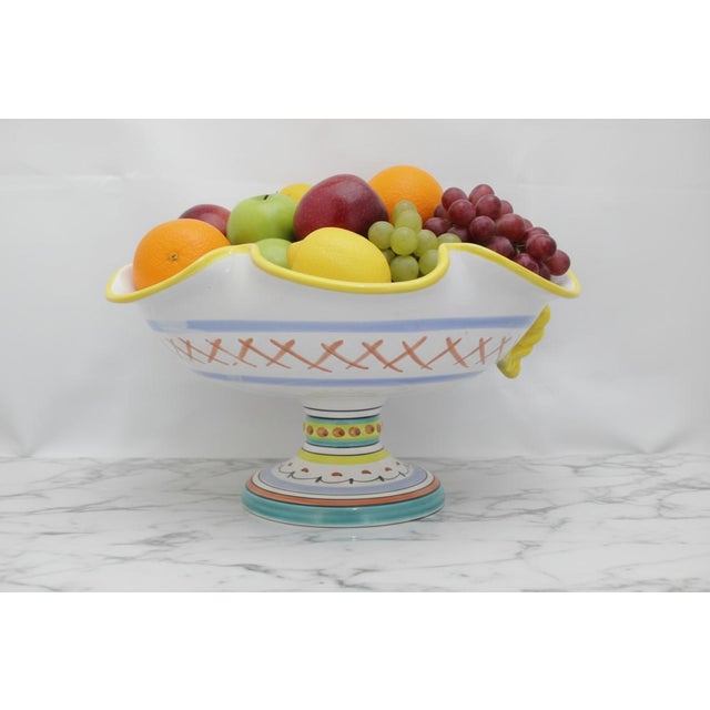 Deruta Italian Colorful Majolica Pottery Scalloped Rim Pedestal Fruit Bowl For Sale - Image 9 of 9