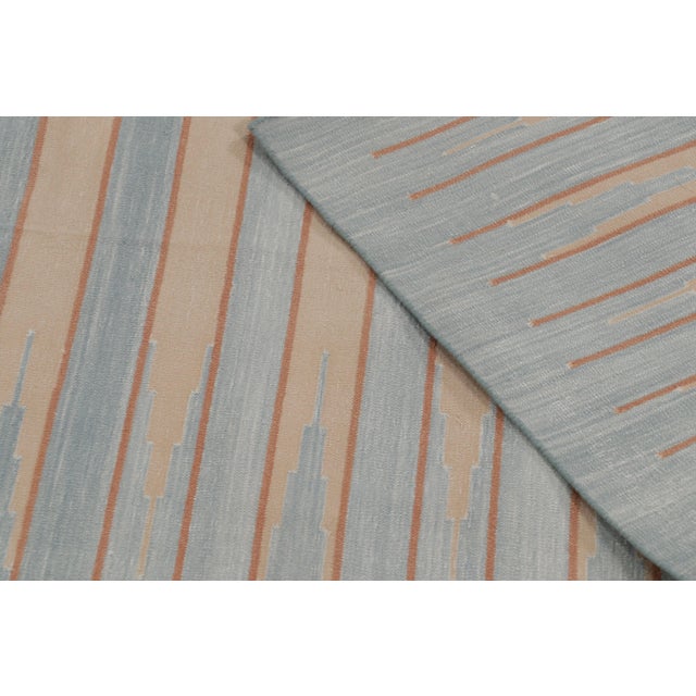 Textile Rug & Kilim’s Contemporary Indian Dhurrie Rug in Light Blue and Brown Stripes For Sale - Image 7 of 9