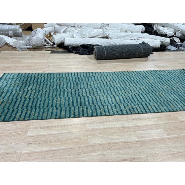 4x12 Exquisite Moroccan Green Geometric Modern Hand Knotted Wool Carpet Rug For Sale In New York - Image 6 of 6