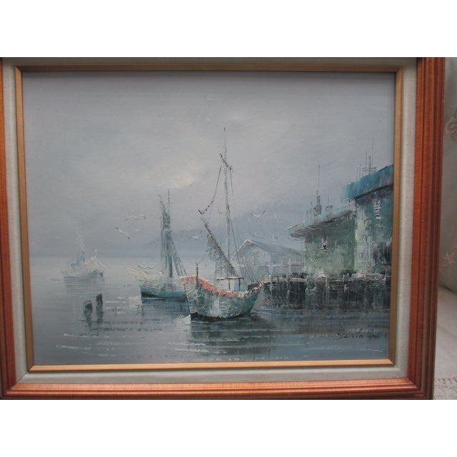 Traditional Vintage Sunset Seascape on Canvas of Fishing Village With Boats & Seagulls, Framed For Sale - Image 3 of 9