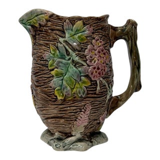 Antique English Majolica Rustic Floral Tree Bark Pitcher, Attributed to Shorter & Boulton For Sale