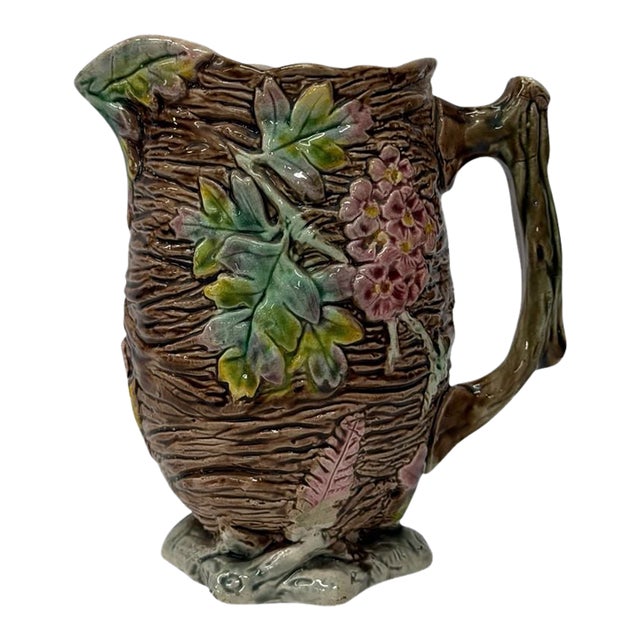 Antique English Majolica Rustic Floral Tree Bark Pitcher, Attributed to Shorter & Boulton For Sale