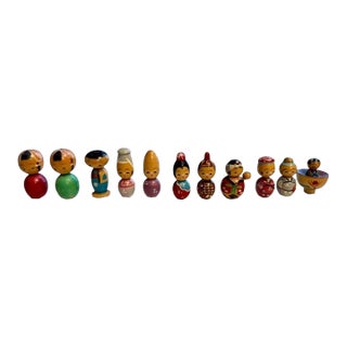 Vintage Japanese Miniature Kokeshi Dolls Set 11-Hand Painted Wood-Japan Folk Art For Sale