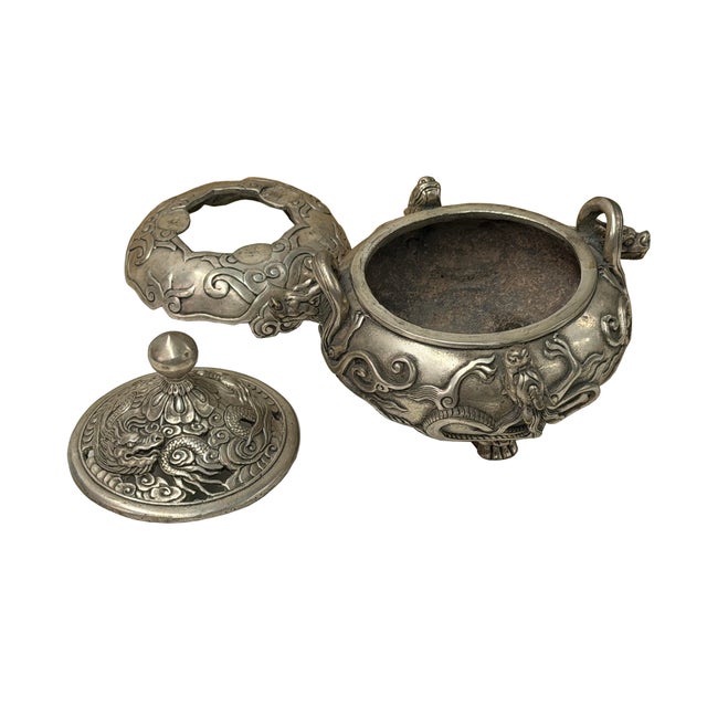 Chinese Silver Color Round Dragon Theme Incense Burner Display Art For Sale - Image 12 of 18