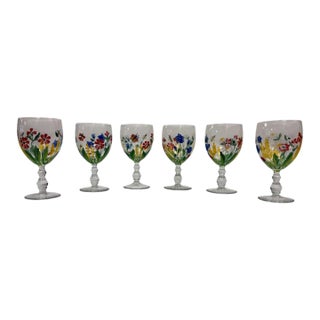 Vintage Royal Danube Romania Hand-Painted Crystal Floral Goblets – Set of 6 For Sale