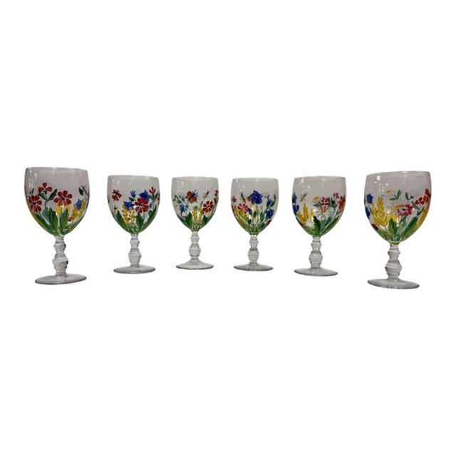 Vintage Royal Danube Romania Hand-Painted Crystal Floral Goblets – Set of 6 For Sale