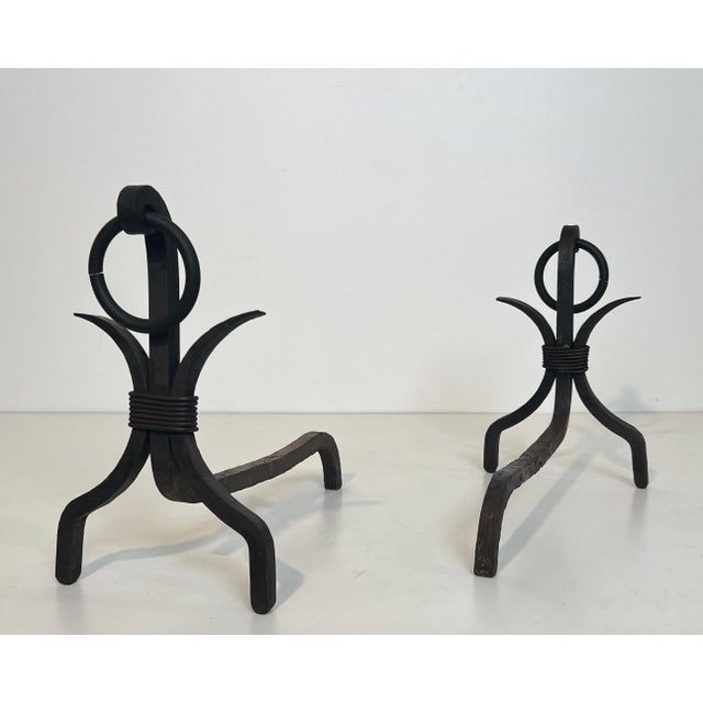 1940s Pair of modernist wrought iron andirons For Sale - Image 5 of 12