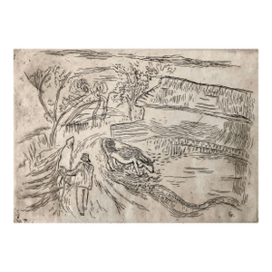Tibor GergelyVintage Art Etching Farm with Cow and Farmer, Famed Children's Book Illustrator, c.1940's