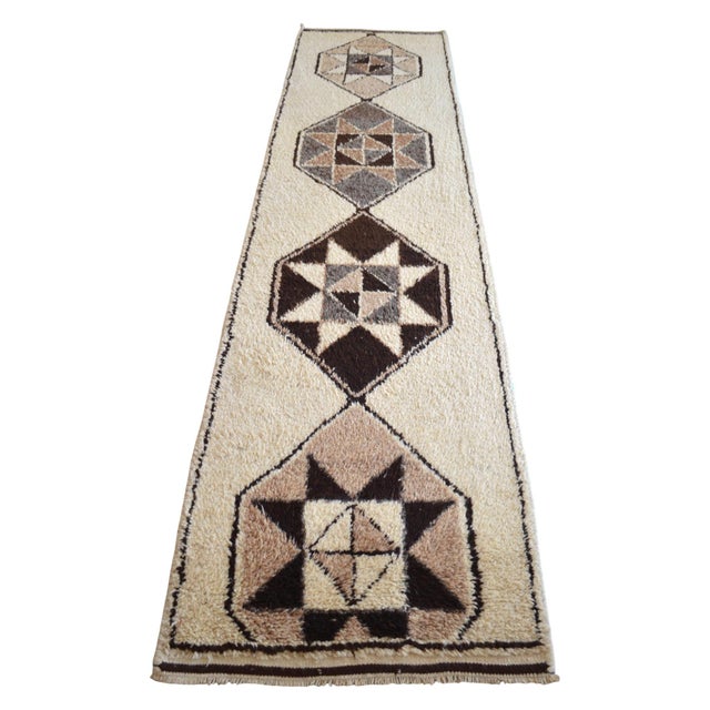 Hand-Knotted Kurdish Runner Rug . Boucherouite Style Wide Runner Rug Herki - No Dyes - 3′3″ × 12′8″ For Sale - Image 4 of 13