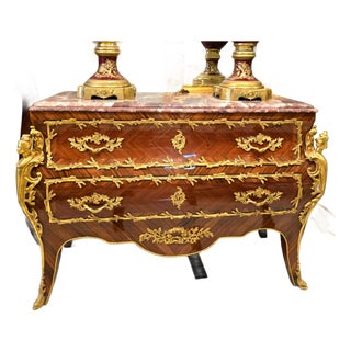 Elegant French Louis XV Bombe Commode With Marble Top, Floral Marquetry & Bronze Ormolu For Sale