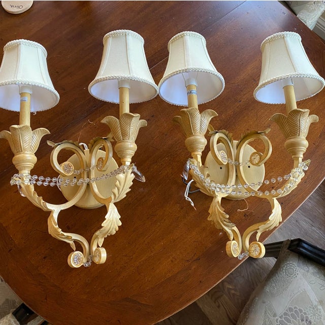 Traditional Pair of Contemporary Crystal and Wrought Iron Hand Painted Sconces With Shades For Sale - Image 3 of 11
