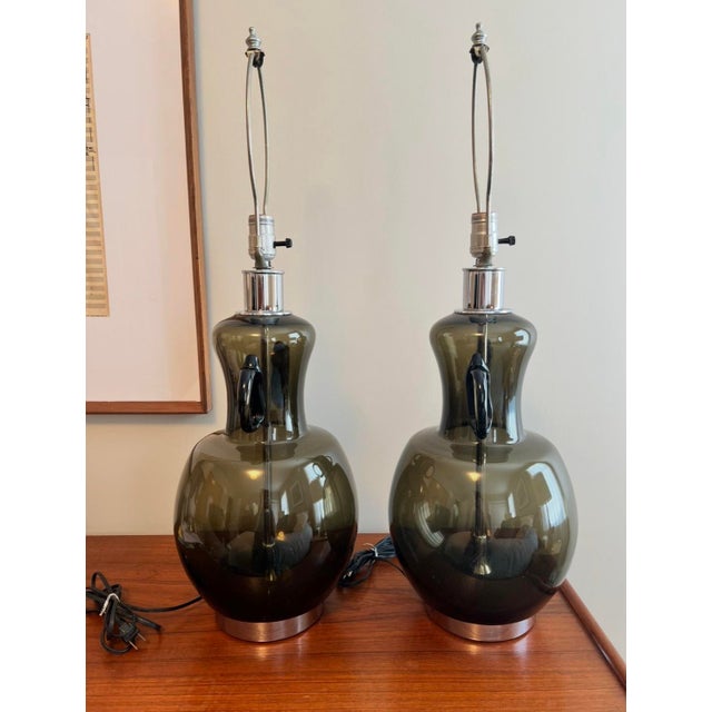 Set of 2 Mid Century Modern Italian Handblown Smoke Glass & Chrome Table Lamps circa 1960s - 1970s. No labels or maker’s...