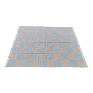 Handmade Vegetable Dyed Woolen Checked Pattern Rug Gray and Beige - 8x10 For Sale