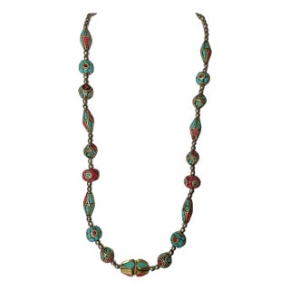 Nepalese-Style Red and Turquoise-Blue Mosaic Inlay Necklace – 22″ For Sale