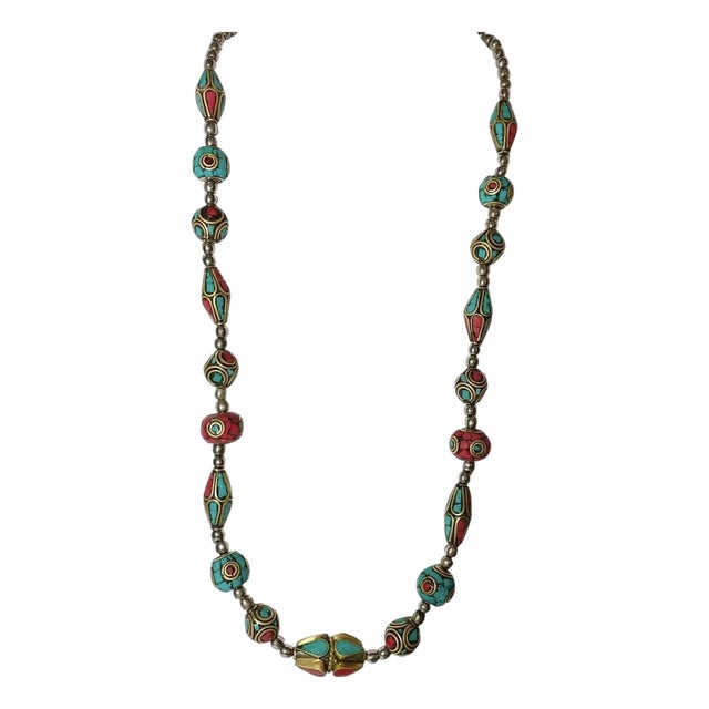Nepalese-Style Red and Turquoise-Blue Mosaic Inlay Necklace – 22″ For Sale