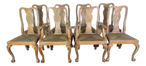 Set of Eight Queen Anne Dining Chairs, Carved Wood, Distressed Finish