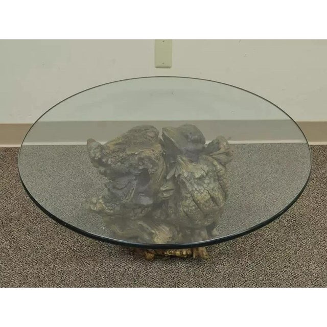 Vintage Mid Century Modern Live Edge Glass Top Burl Wood Pedestal Coffee Table. Item features stunning one of a kind...