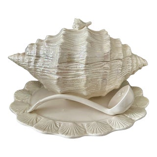 Vintage 1980s Ceramic Conch Shell Soup Tureen Signed by Artist With Lid, Ladle & Serving Plate For Sale