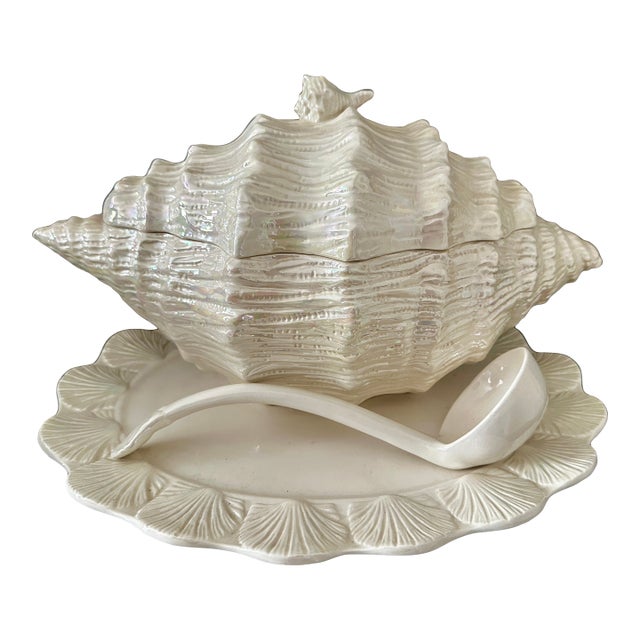 Vintage 1980s Ceramic Conch Shell Soup Tureen Signed by Artist With Lid, Ladle & Serving Plate For Sale
