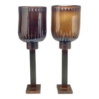 Late 20th Century Fabulous Pair of Jan Barboglio 29” Tall Iron and Amber Glass Hurricanes For Sale