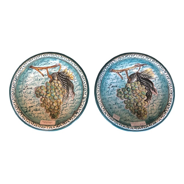 1990s Italian Hand Painted Round Ceramic Grape Wall Plates - a Pair For Sale