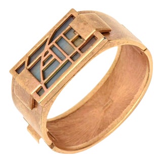 Vintage Monet Signed Gold Plated and Pink, Turquoise Resin Hinged Cuff Bracelet, 1960's For Sale