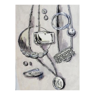 Mid Century Black & White Jewelry Illustration Drawing For Sale