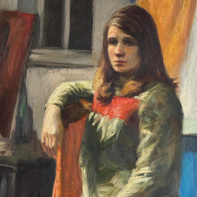 Vintage Realist Female Figurative Studio Portrait (ca. 1950, Oil on Canvas). Portrait of young woman sitting on a stool in...