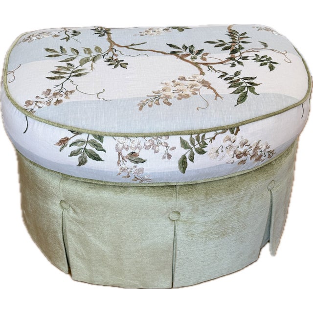 Custom Kravet Green Chenille Lounge Chair and Ottoman With Colefax and Fowler Heritage Floral For Sale In New York - Image 6 of 18