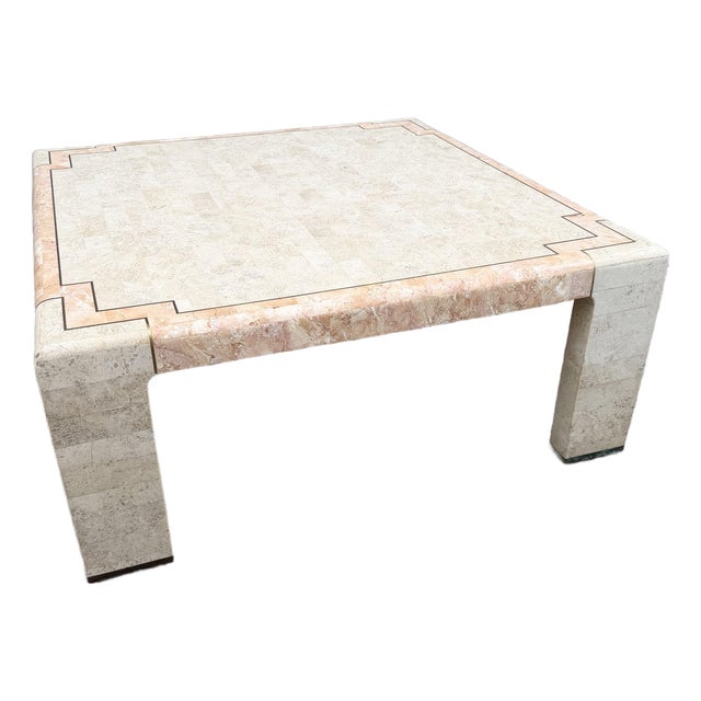 Postmodern Beige and Pink Tessellated Stone Coffee Table With Brass Inlay For Sale