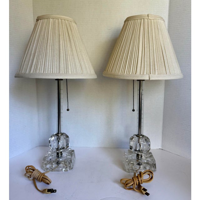 Vintage Mid-Century Hollywood Regency Glass Table Lamps With Etched Glass Stem & Pleated Shades - a Pair For Sale - Image 10 of 12